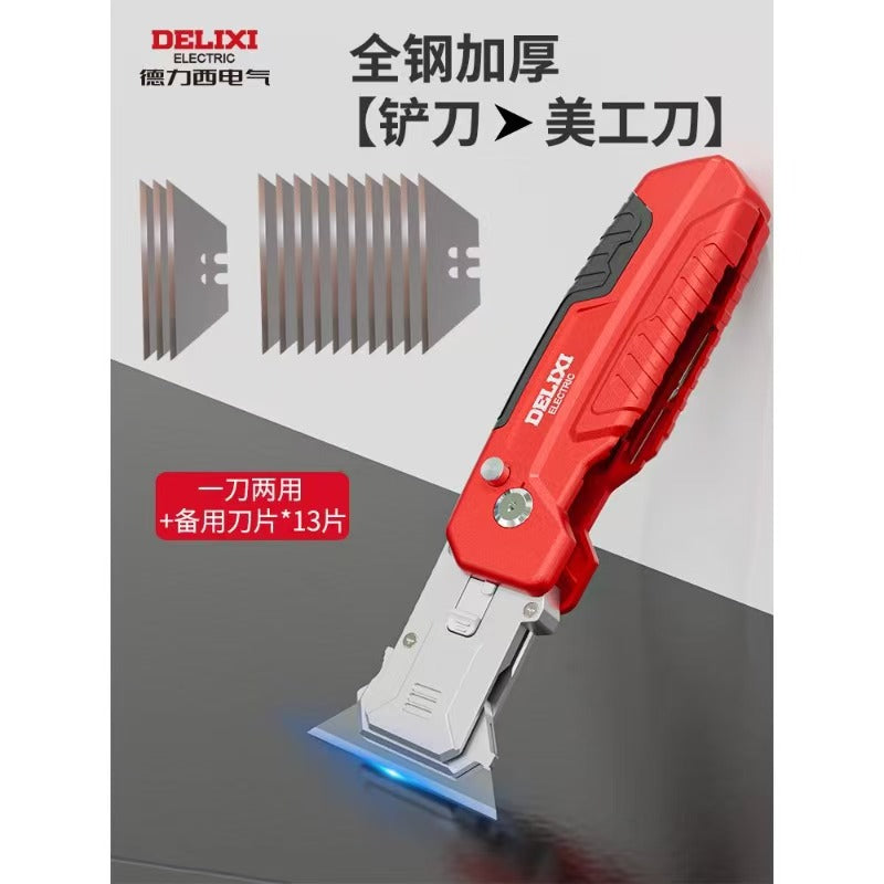 DELIXI 2-in-1 Utility Knife Scraper,Folding Utility Scraper Tool,Heavy-Duty Zinc Alloy Body, SK2 Black Blade Storage & Replacements, Razor Blade Scraper, Cardboard Cutter, EDC Tools and Gadgets for Home, Office fathersdaygift