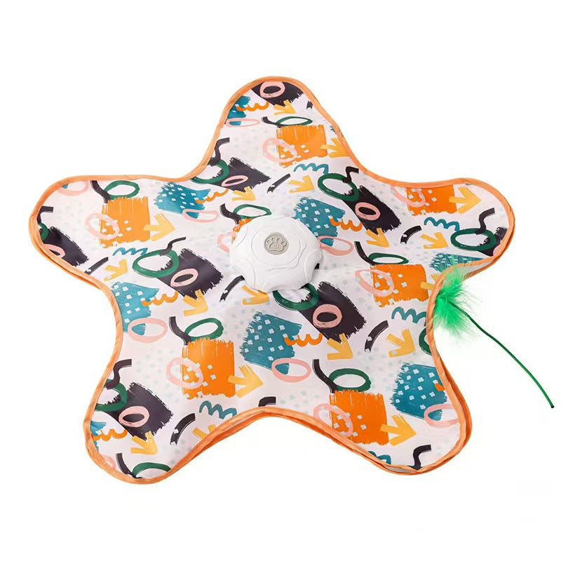 Interactive Cat Toy Mat with 360° Rotating Feather, Automatic Electronic Cat Teaser Toy, Fish & Star Printed Cat Play Mat for Indoor Cats, Stimulating Hunting & Chasing Game