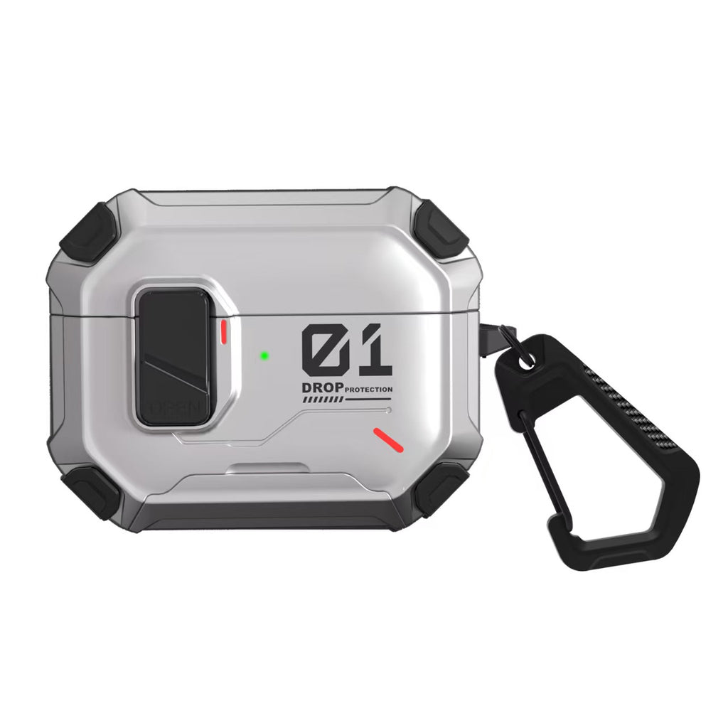 Protective case suitable for AirPods 4 and AirPods Pro 2/3 generations. Automatic pop-up cover with safety latch. Military-grade shock-resistant hard shell case. Magnetic wireless charging. Can be used as a phone stand.