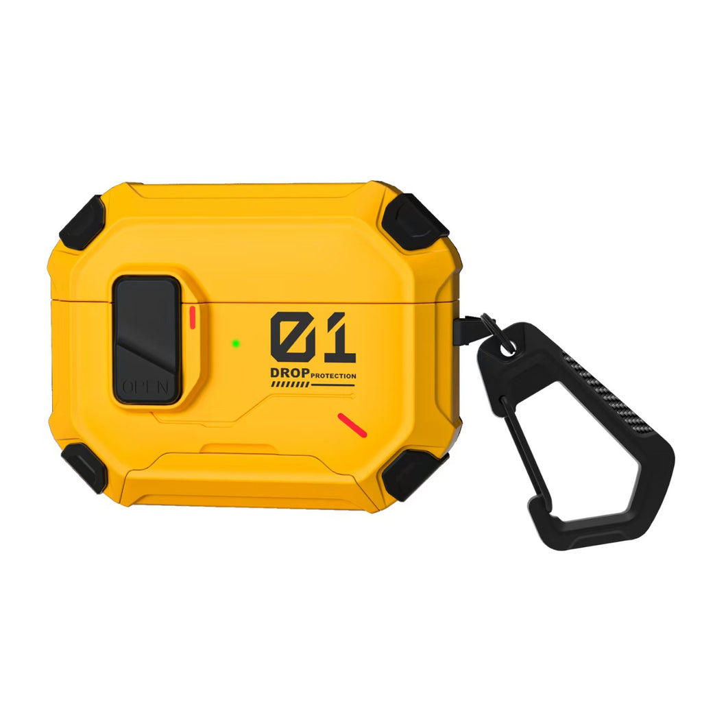 Protective case suitable for AirPods 4 and AirPods Pro 2/3 generations. Automatic pop-up cover with safety latch. Military-grade shock-resistant hard shell case. Magnetic wireless charging. Can be used as a phone stand.