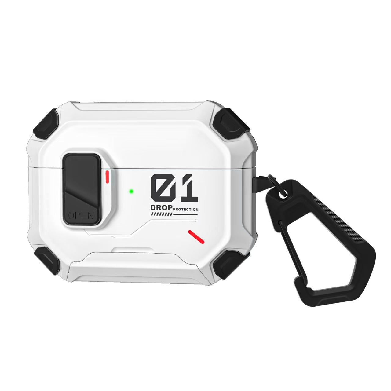 Protective case suitable for AirPods 4 and AirPods Pro 2/3 generations. Automatic pop-up cover with safety latch. Military-grade shock-resistant hard shell case. Magnetic wireless charging. Can be used as a phone stand.