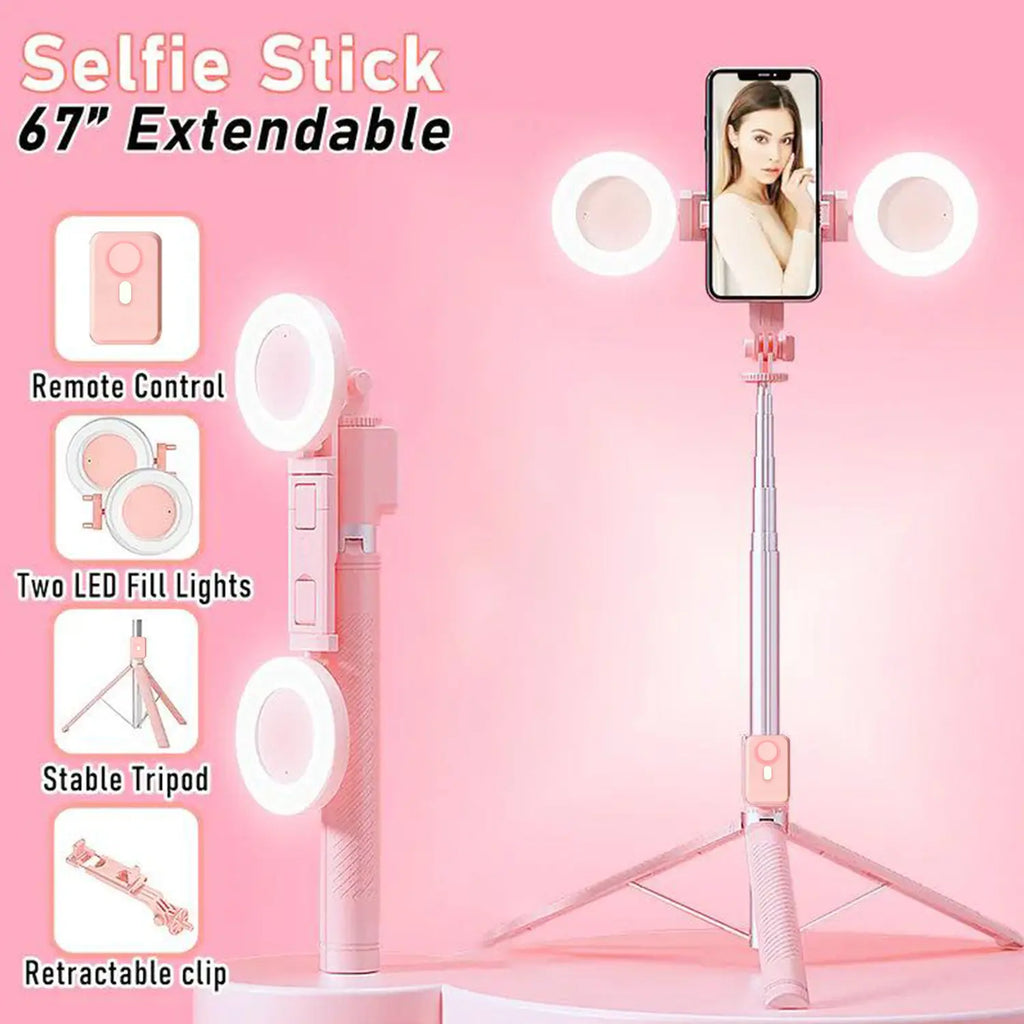 B16 Selfie Stick Tripod with Ring Light 360°Rotation, Dual Fill Lights, Selfie Light，Wireless Remote for iPhone Android phone tripod for Vlog stand content Gifts