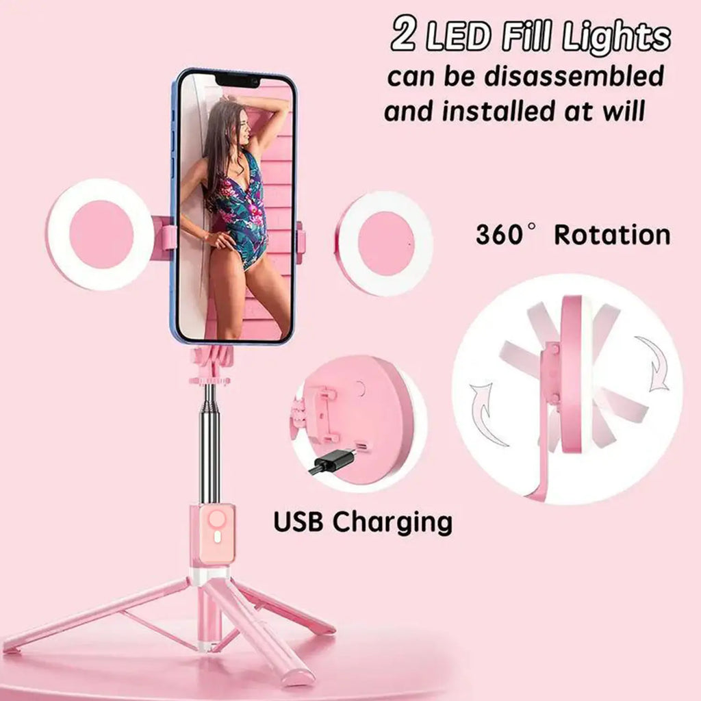B16 Selfie Stick Tripod with Ring Light 360°Rotation, Dual Fill Lights, Selfie Light，Wireless Remote for iPhone Android phone tripod for Vlog stand content Gifts