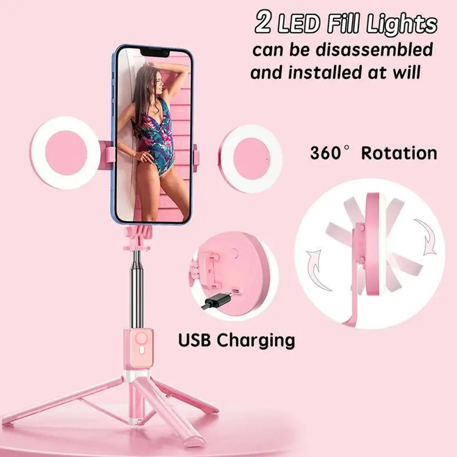 B16 Selfie Stick Tripod with Ring Light 360°Rotation, Dual Fill Lights, Selfie Light，Wireless Remote for iPhone Android phone tripod for Vlog stand content Gifts