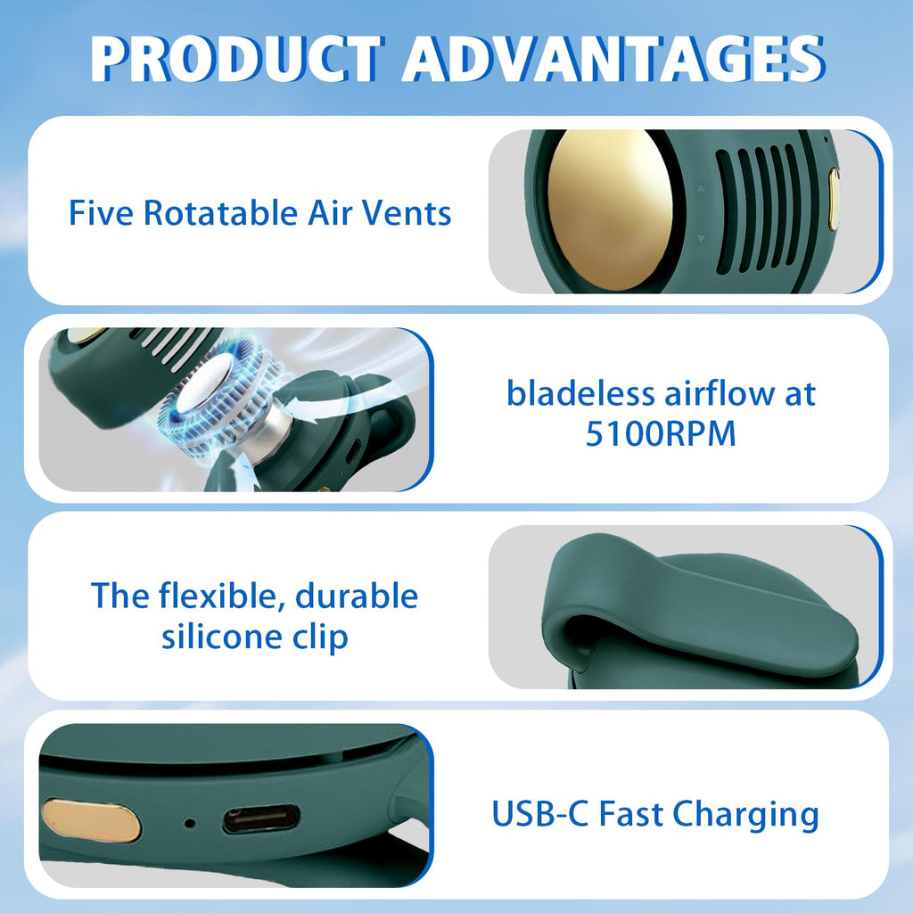 Portable Silent Mini Bladeless Fan, Clip On Waist & Neck Fan, Rechargeable Clip-On Hands-Free Fans 3 Speeds, Wearable Cooling Fans for Outdoor/Travel/Office/Shirt