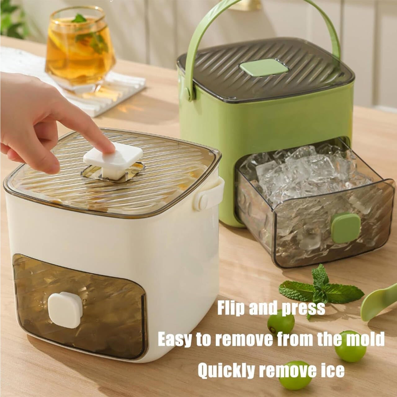 Ice Cube Maker, Storage Bin Set, Ice Cube Trays, with Press Lid & Tongs, Large Capacity Handled Press-Type Ice Block Tray Ice Cubes Reusable for DIY Cocktail Coffee Beverages for Party Home Use