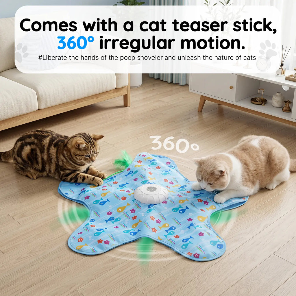 Interactive Cat Toy Mat with 360° Rotating Feather, Automatic Electronic Cat Teaser Toy, Fish & Star Printed Cat Play Mat for Indoor Cats, Stimulating Hunting & Chasing Game