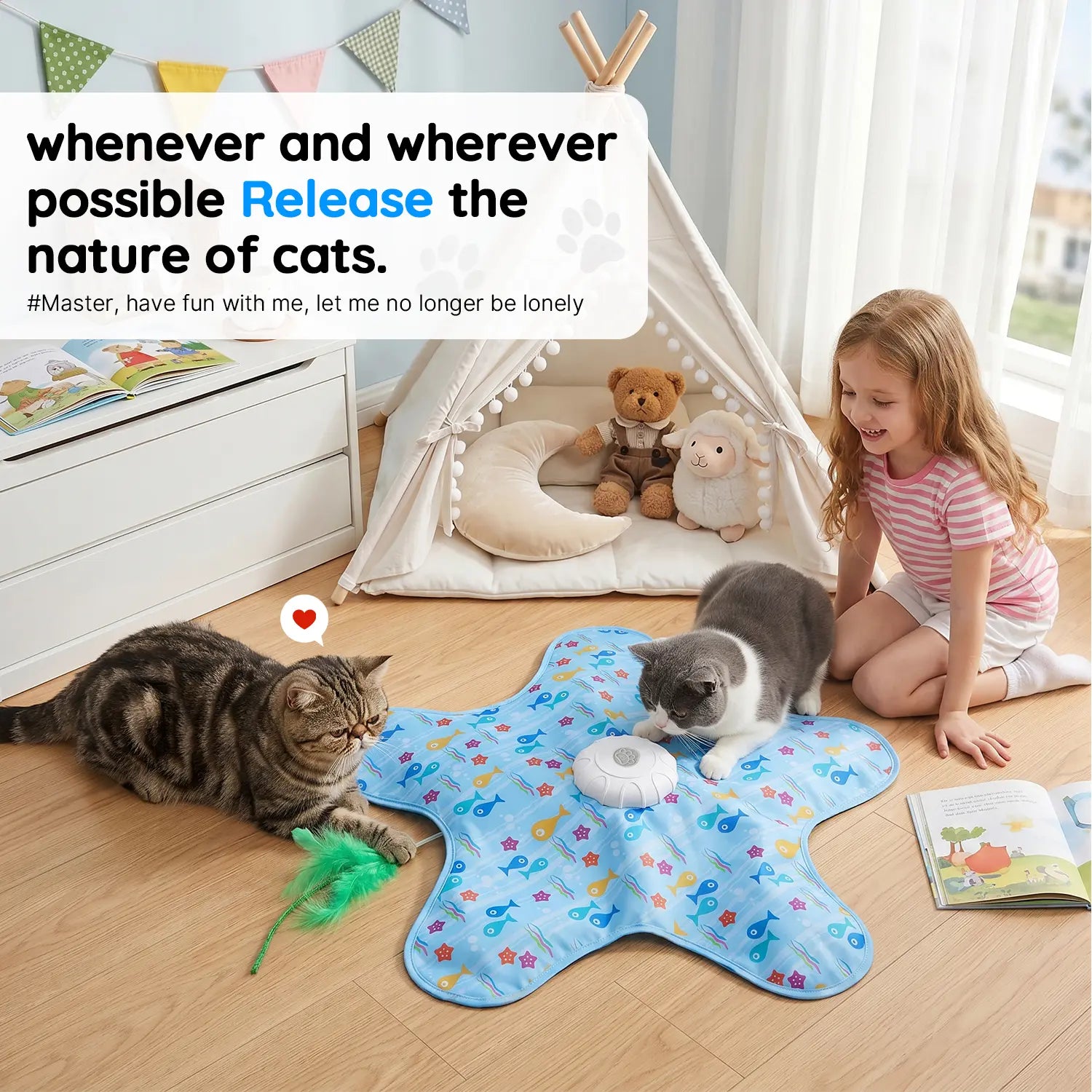 Interactive Cat Toy Mat with 360° Rotating Feather, Automatic Electronic Cat Teaser Toy, Fish & Star Printed Cat Play Mat for Indoor Cats, Stimulating Hunting & Chasing Game