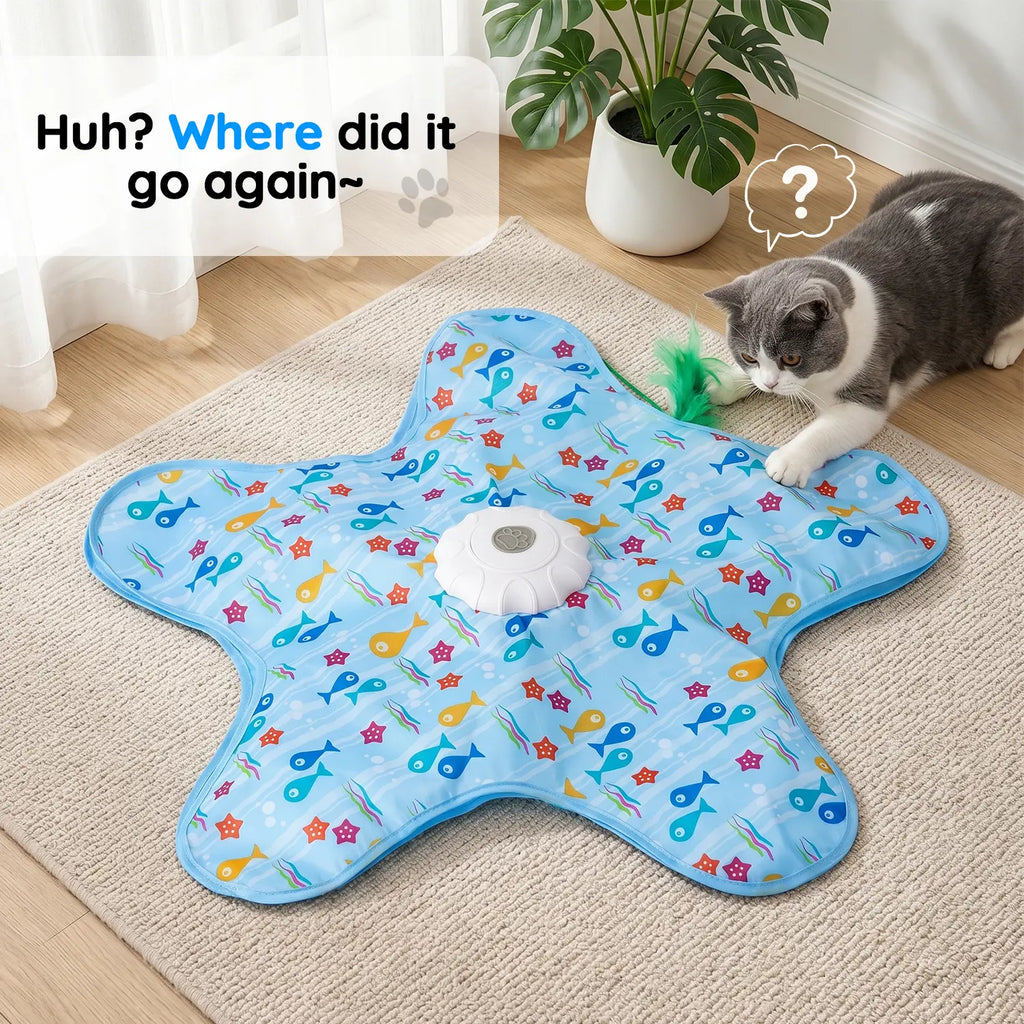 Interactive Cat Toy Mat with 360° Rotating Feather, Automatic Electronic Cat Teaser Toy, Fish & Star Printed Cat Play Mat for Indoor Cats, Stimulating Hunting & Chasing Game