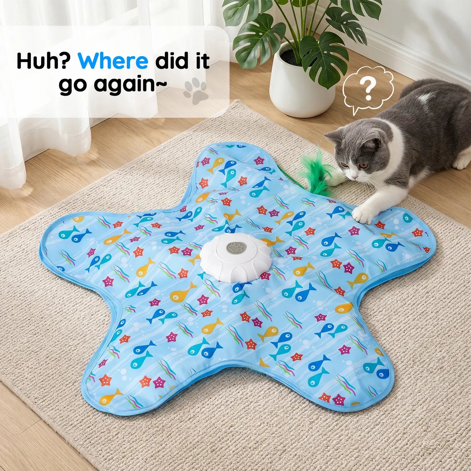 Interactive Cat Toy Mat with 360° Rotating Feather, Automatic Electronic Cat Teaser Toy, Fish & Star Printed Cat Play Mat for Indoor Cats, Stimulating Hunting & Chasing Game