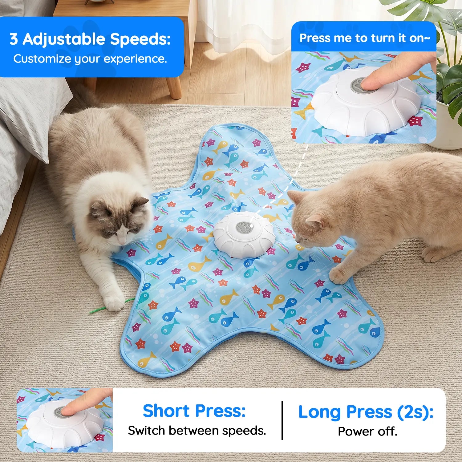 Interactive Cat Toy Mat with 360° Rotating Feather, Automatic Electronic Cat Teaser Toy, Fish & Star Printed Cat Play Mat for Indoor Cats, Stimulating Hunting & Chasing Game