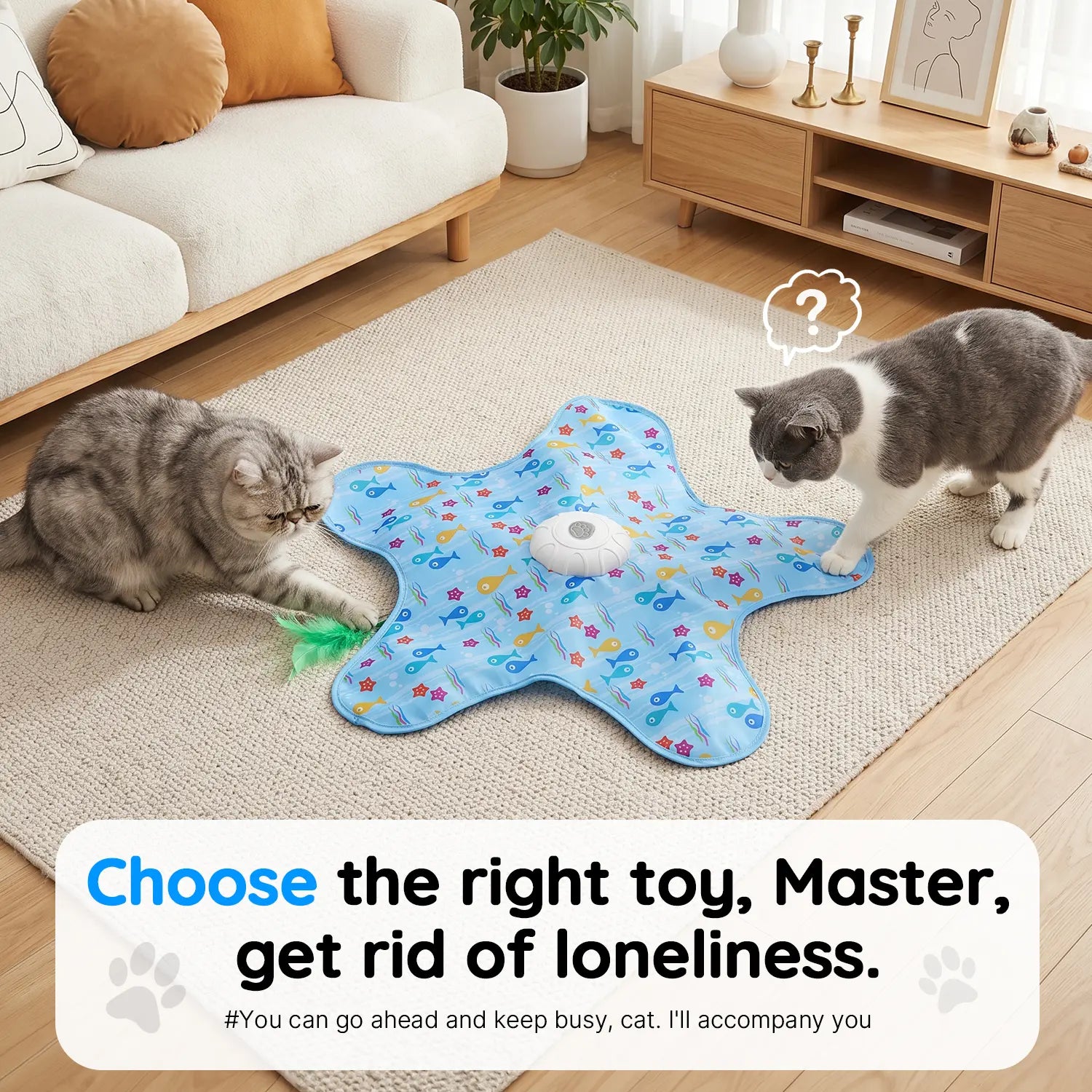 Interactive Cat Toy Mat with 360° Rotating Feather, Automatic Electronic Cat Teaser Toy, Fish & Star Printed Cat Play Mat for Indoor Cats, Stimulating Hunting & Chasing Game