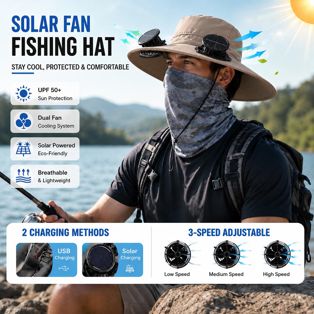 Final 3 Hours: 60%OFF 🔥Solar Fan Hat, Hat with Fans Solar Powered, Outdoor Wide Brim Sun Hats with 2 Fans,