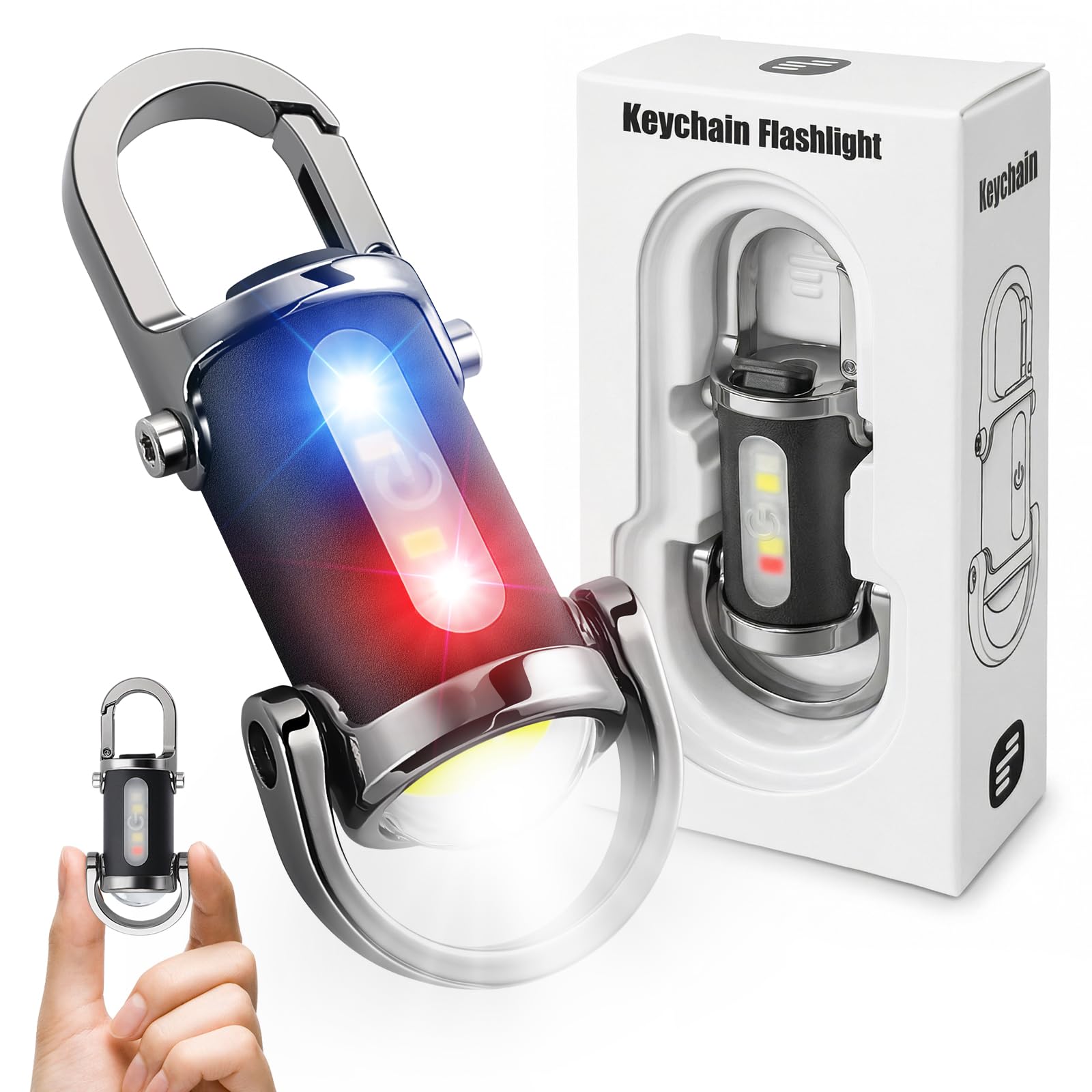Rechargeable keychain flashlight, high-brightness emergency small flashlight, COB keychain work light flashlight (7 lighting modes), emergency power supply, suitable for use when walking, searching and hiking.