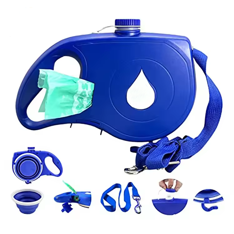 4-in-1 Retractable Dog Leash with Water Bottle, Foldable Bowl & Waste Bag Dispenser, 360° Swivel Non-slip Handle