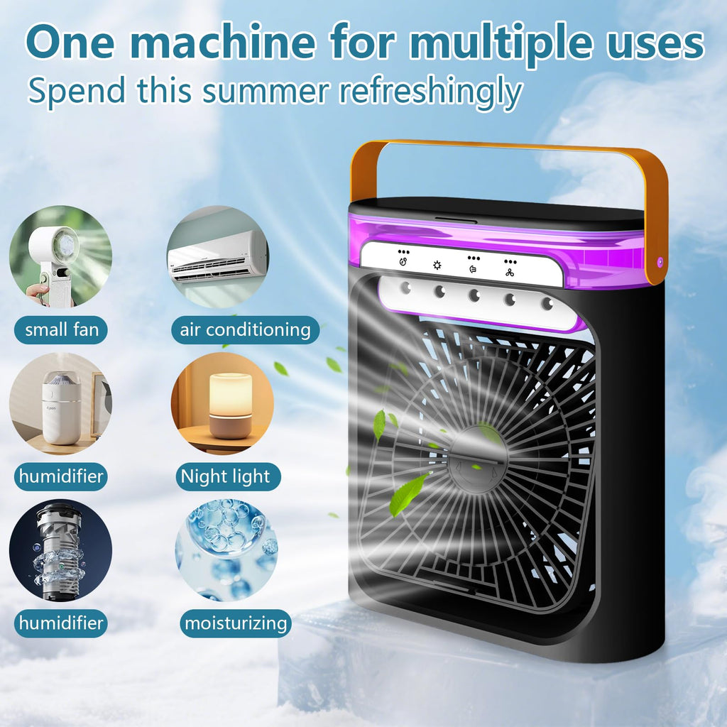Portable Air Conditioner, 4-in-1 Air Cooler, 600ml Quiet Mini Air Conditioner Desk Fan, Mini Air Conditioning with 3 Speeds/Cool Mist/2-8H Timer/6 LED Light, Cooling Fan for Summer,Room,Home,Office