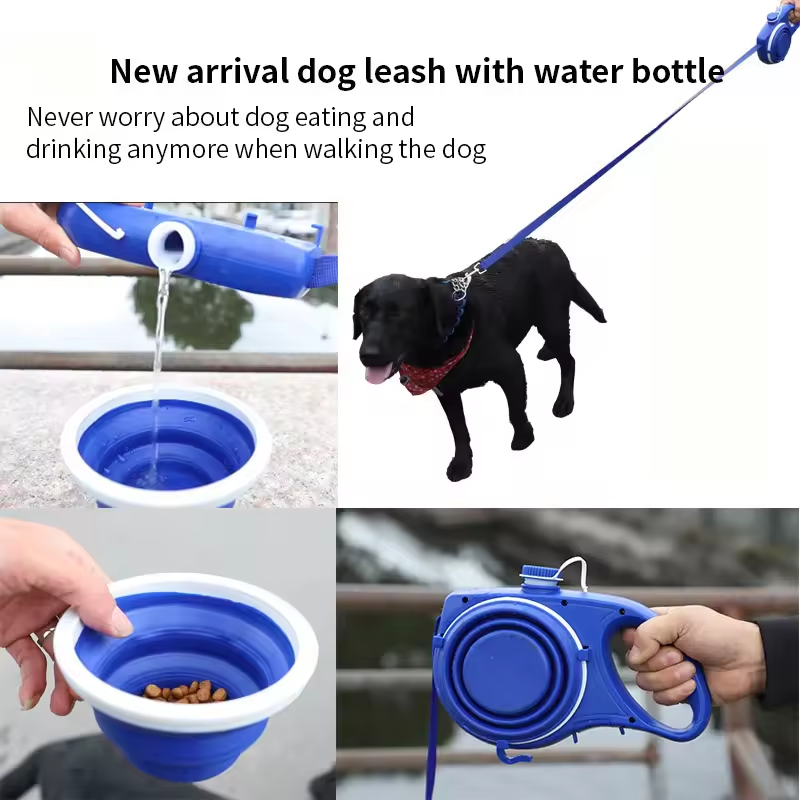 4-in-1 Retractable Dog Leash with Water Bottle, Foldable Bowl & Waste Bag Dispenser, 360° Swivel Non-slip Handle