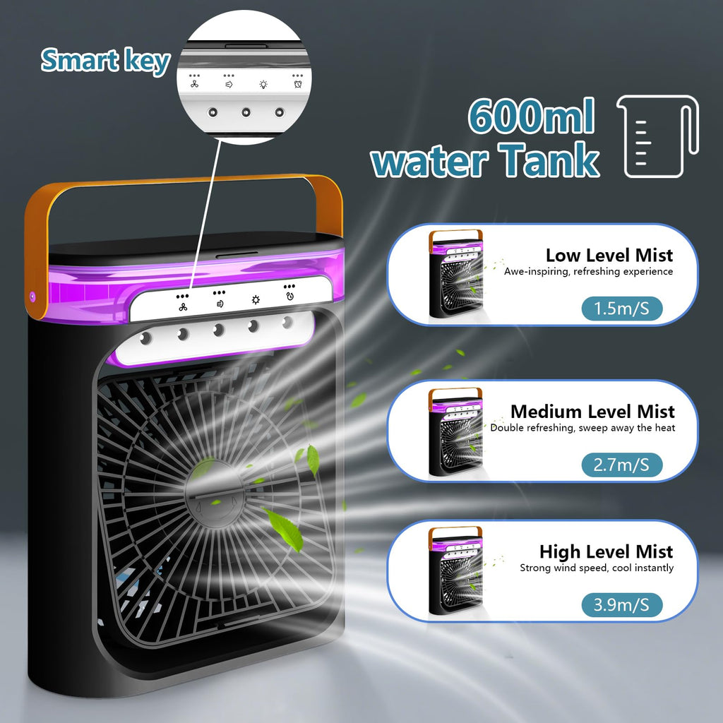 Portable Air Conditioner, 4-in-1 Air Cooler, 600ml Quiet Mini Air Conditioner Desk Fan, Mini Air Conditioning with 3 Speeds/Cool Mist/2-8H Timer/6 LED Light, Cooling Fan for Summer,Room,Home,Office