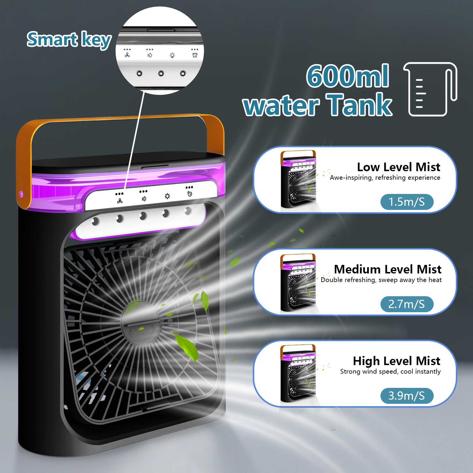 Portable Air Conditioner, 4-in-1 Air Cooler, 600ml Quiet Mini Air Conditioner Desk Fan, Mini Air Conditioning with 3 Speeds/Cool Mist/2-8H Timer/6 LED Light, Cooling Fan for Summer,Room,Home,Office