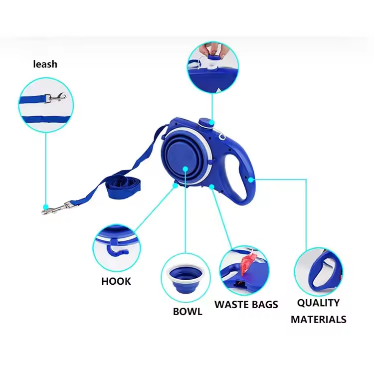 4-in-1 Retractable Dog Leash with Water Bottle, Foldable Bowl & Waste Bag Dispenser, 360° Swivel Non-slip Handle