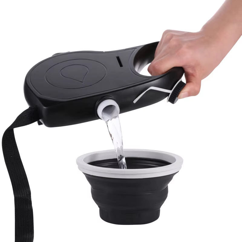 4-in-1 Retractable Dog Leash with Water Bottle, Foldable Bowl & Waste Bag Dispenser, 360° Swivel Non-slip Handle