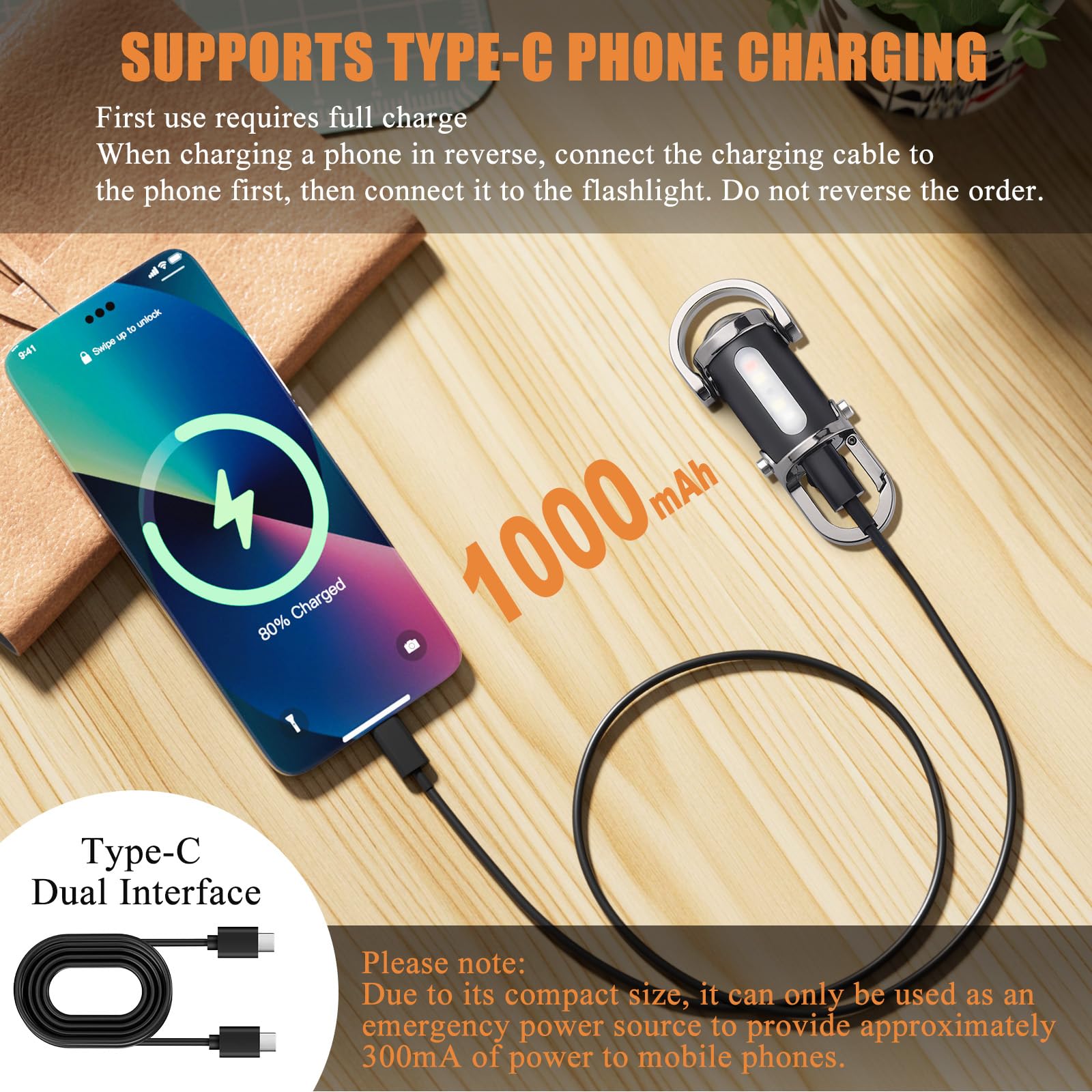 Rechargeable keychain flashlight, high-brightness emergency small flashlight, COB keychain work light flashlight (7 lighting modes), emergency power supply, suitable for use when walking, searching and hiking.