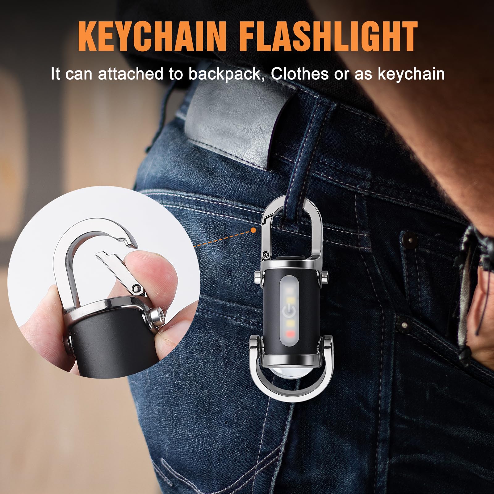 Rechargeable keychain flashlight, high-brightness emergency small flashlight, COB keychain work light flashlight (7 lighting modes), emergency power supply, suitable for use when walking, searching and hiking.
