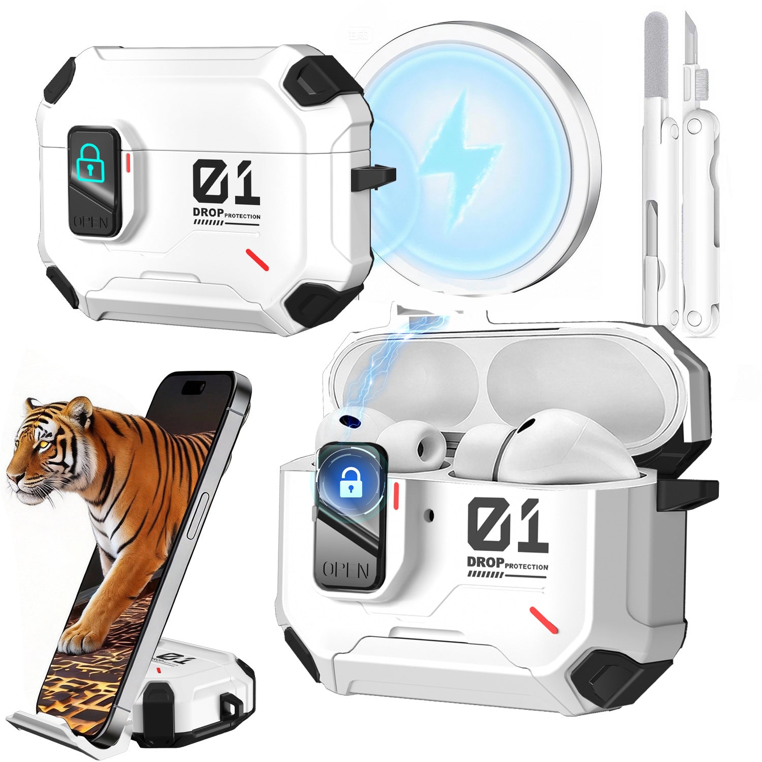 Protective case suitable for AirPods 4 and AirPods Pro 2/3 generations. Automatic pop-up cover with safety latch. Military-grade shock-resistant hard shell case. Magnetic wireless charging. Can be used as a phone stand.