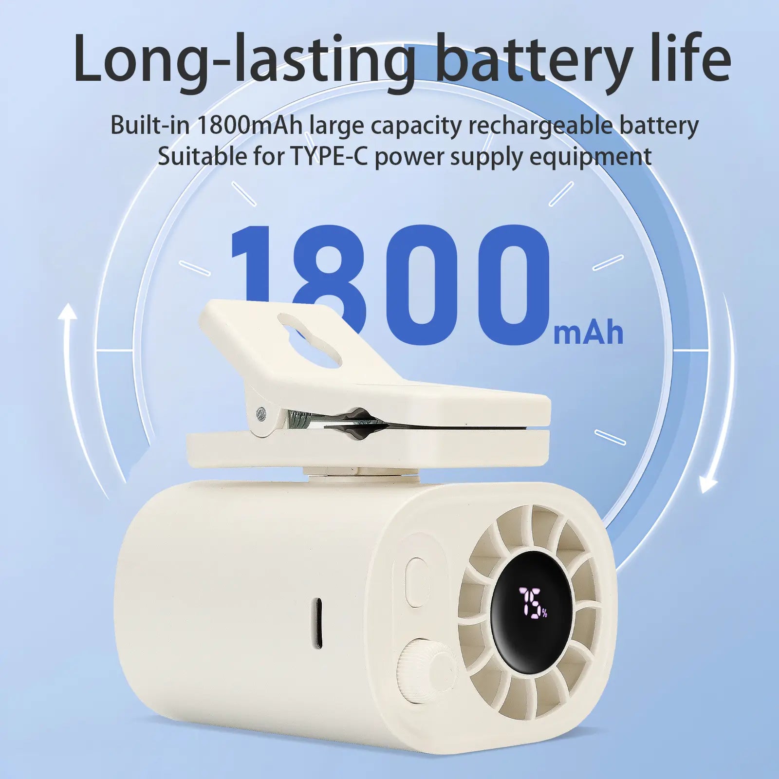 Mini portable clamp fan, with low noise design, can be clamped onto shirts/around the waist. It is a personal cooling fan for outdoor travel and work