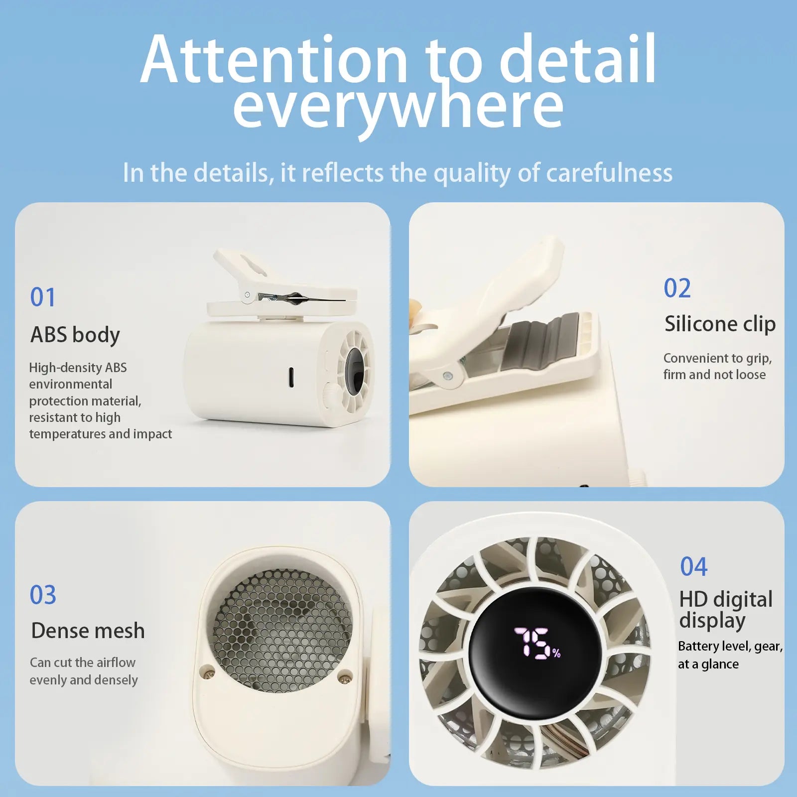 Mini portable clamp fan, with low noise design, can be clamped onto shirts/around the waist. It is a personal cooling fan for outdoor travel and work