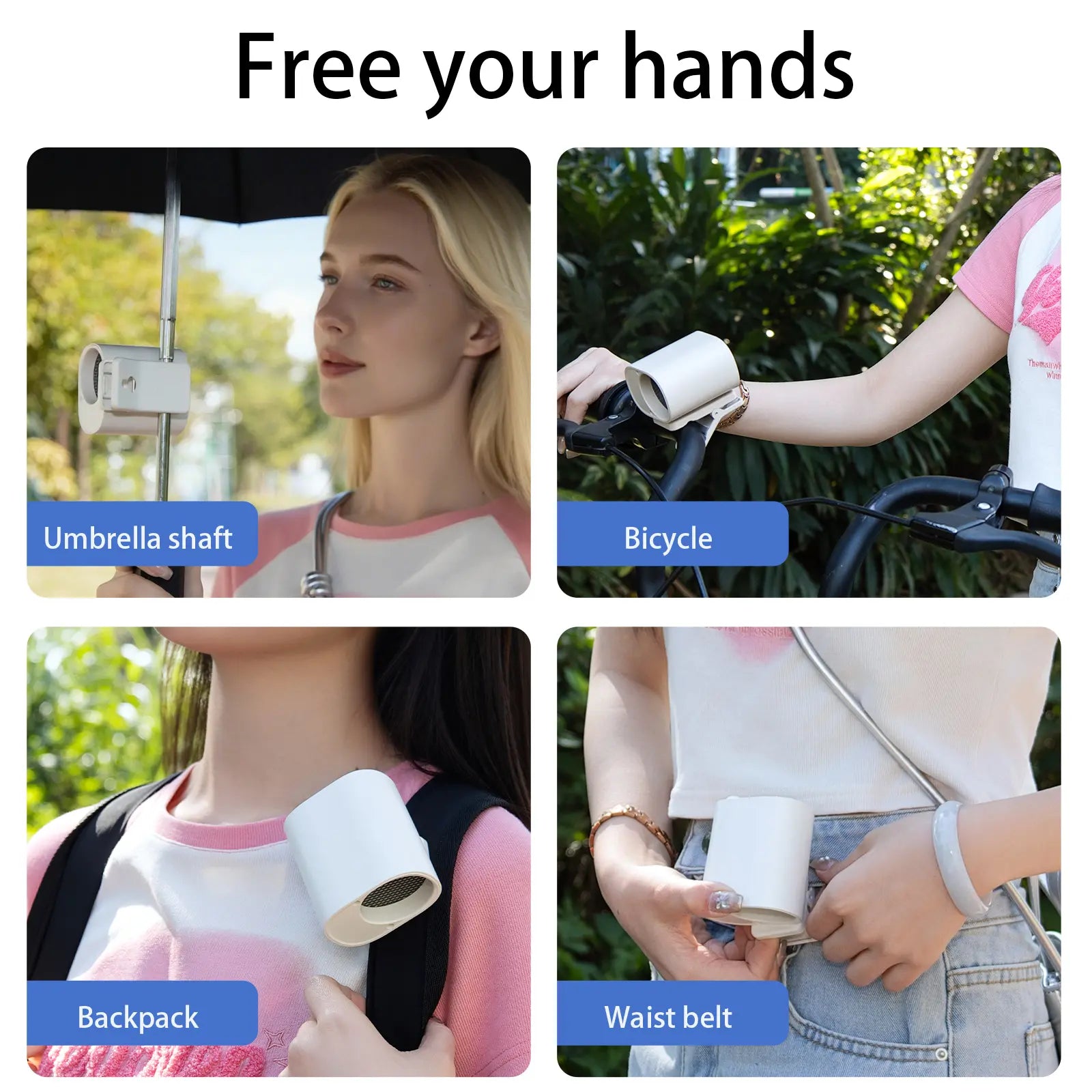 Mini portable clamp fan, with low noise design, can be clamped onto shirts/around the waist. It is a personal cooling fan for outdoor travel and work